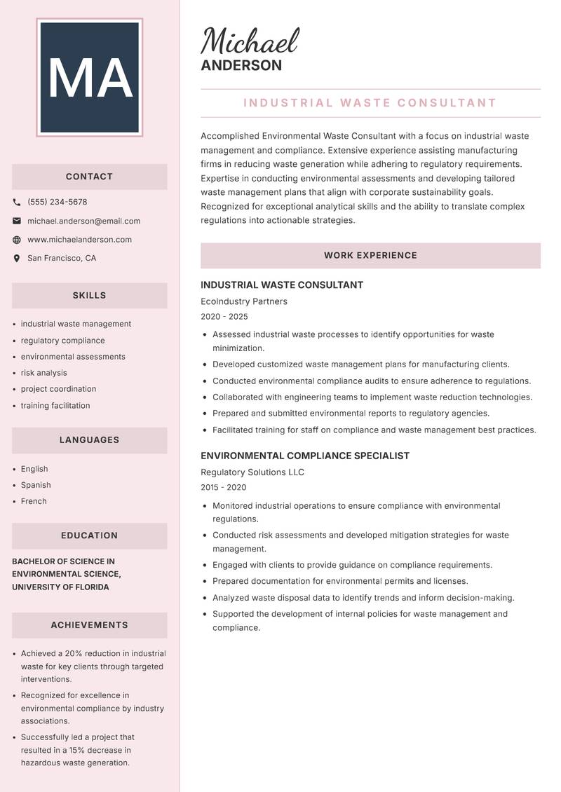 Environmental Waste Consultant Resume Preview Example