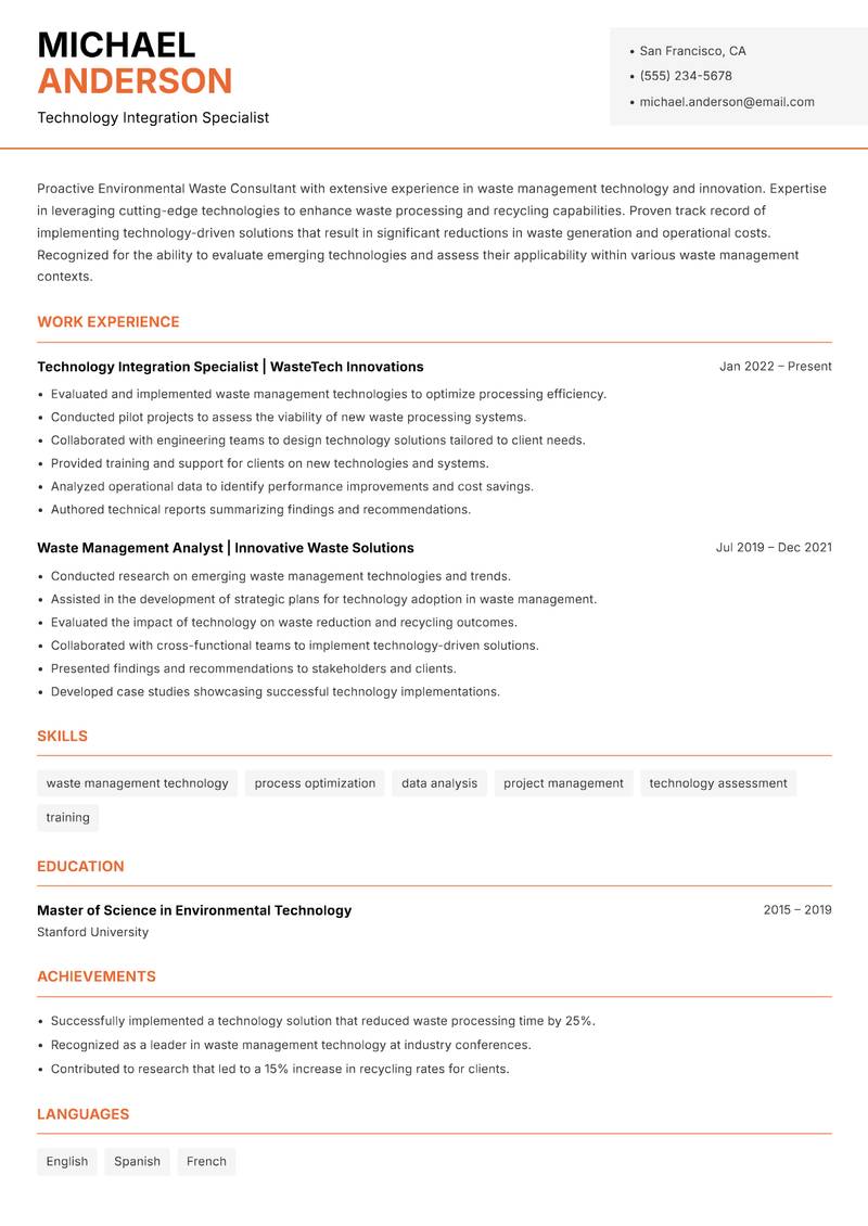 Environmental Waste Consultant Resume Template