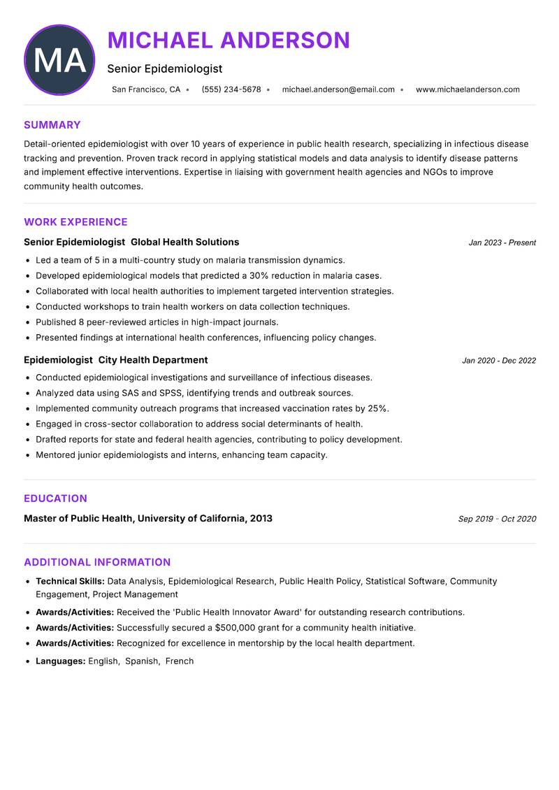 Epidemiologist Resume Preview Example