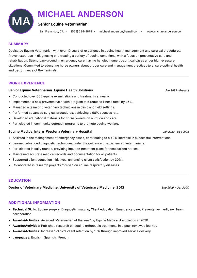 Equine Veterinarian Resume Preview Example