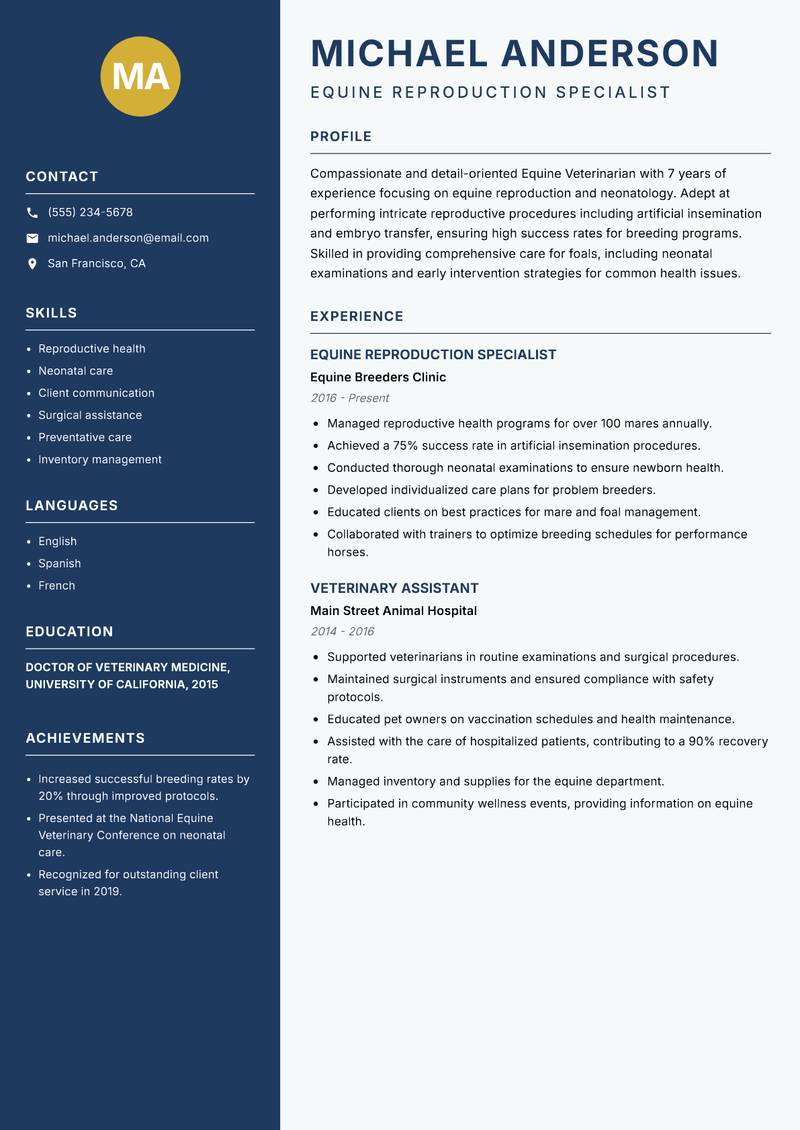 Equine Veterinarian Resume Preview Example