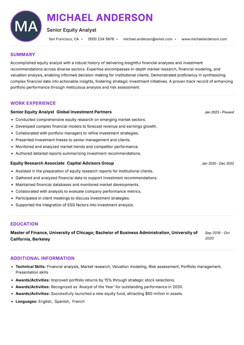 Equity Analyst Resume Preview Example