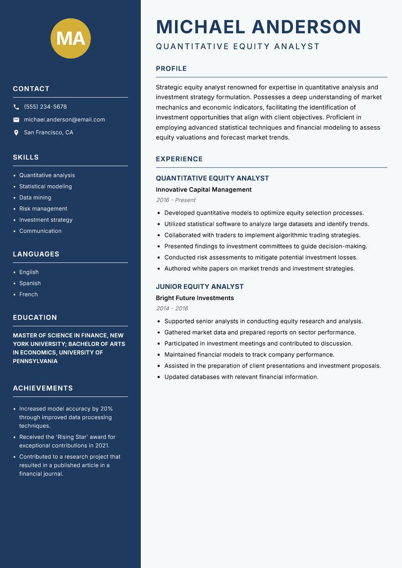 Equity Analyst Resume Preview Example