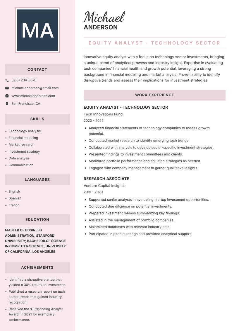 Equity Analyst Resume Preview Example