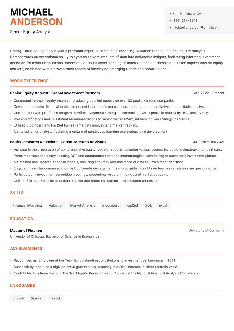 Equity Analyst Resume Template