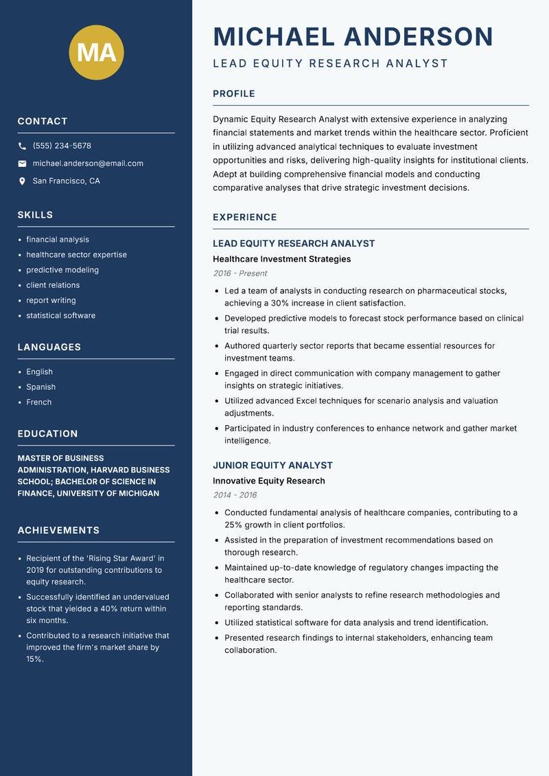 Equity Research Analyst Resume Preview Example