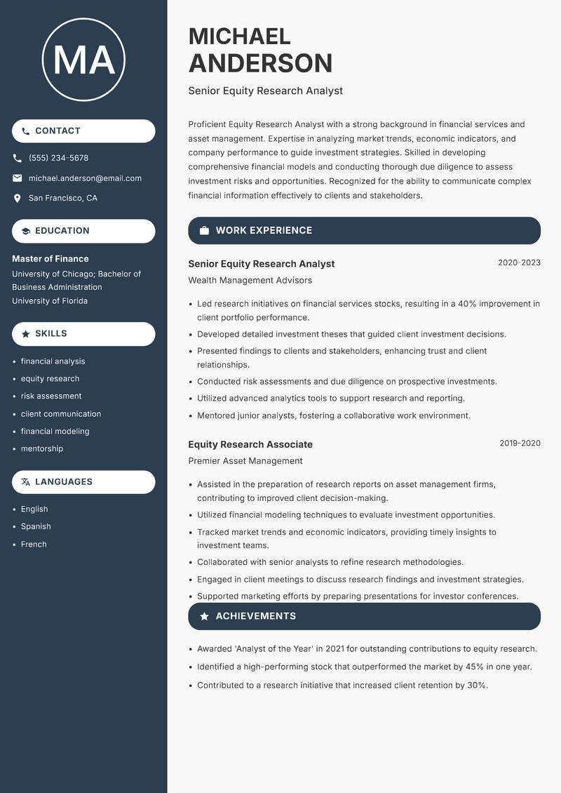 Equity Research Analyst Resume Preview Example