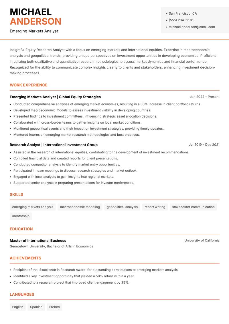 Equity Research Analyst Resume Template