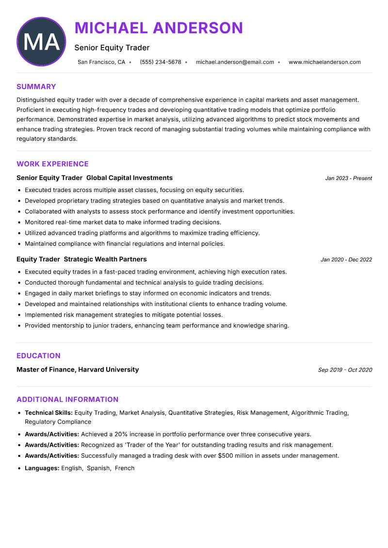 Equity Trader Resume Preview Example