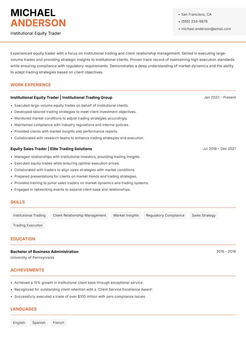 Equity Trader Resume Template