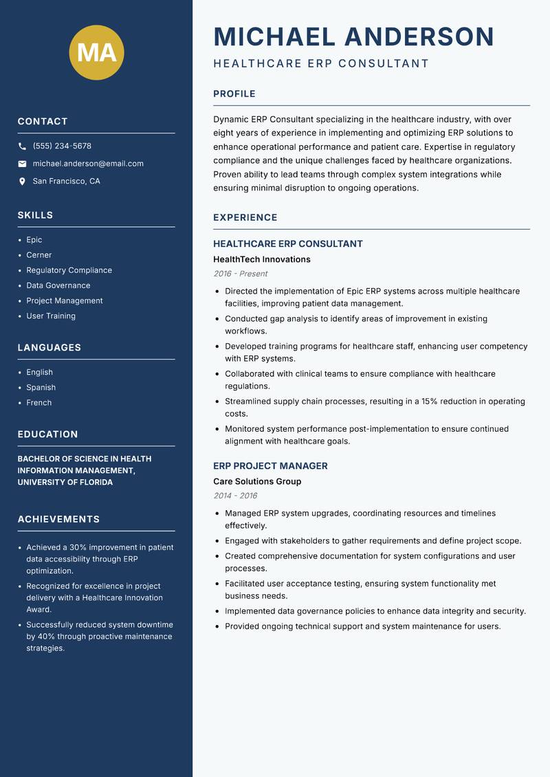 ERP Consultant Resume Preview Example