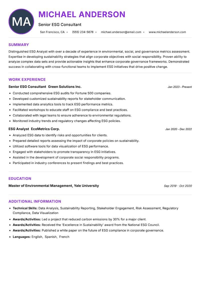 ESG Analyst Resume Preview Example