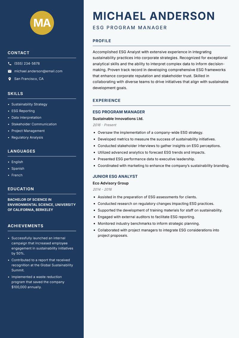 ESG Analyst Resume Preview Example