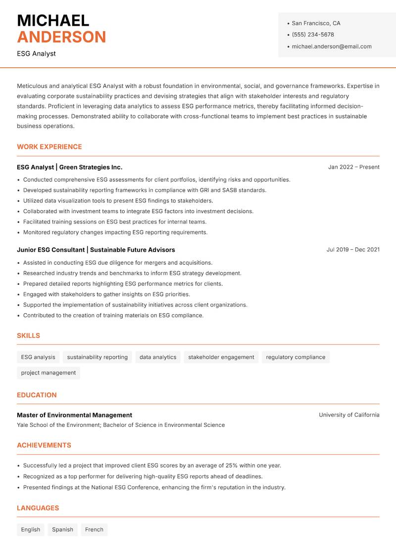 ESG Analyst Resume Template