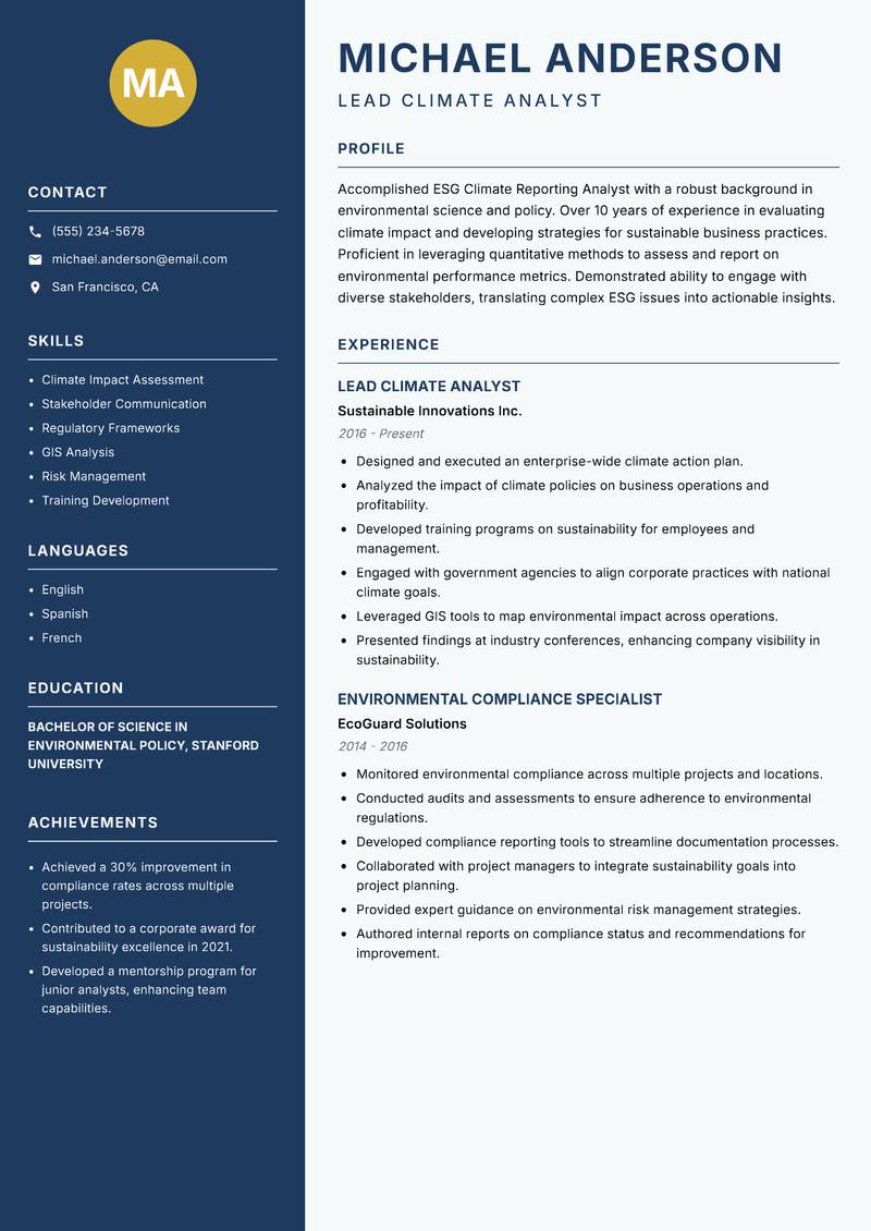 ESG Climate Reporting Analyst Resume Preview Example