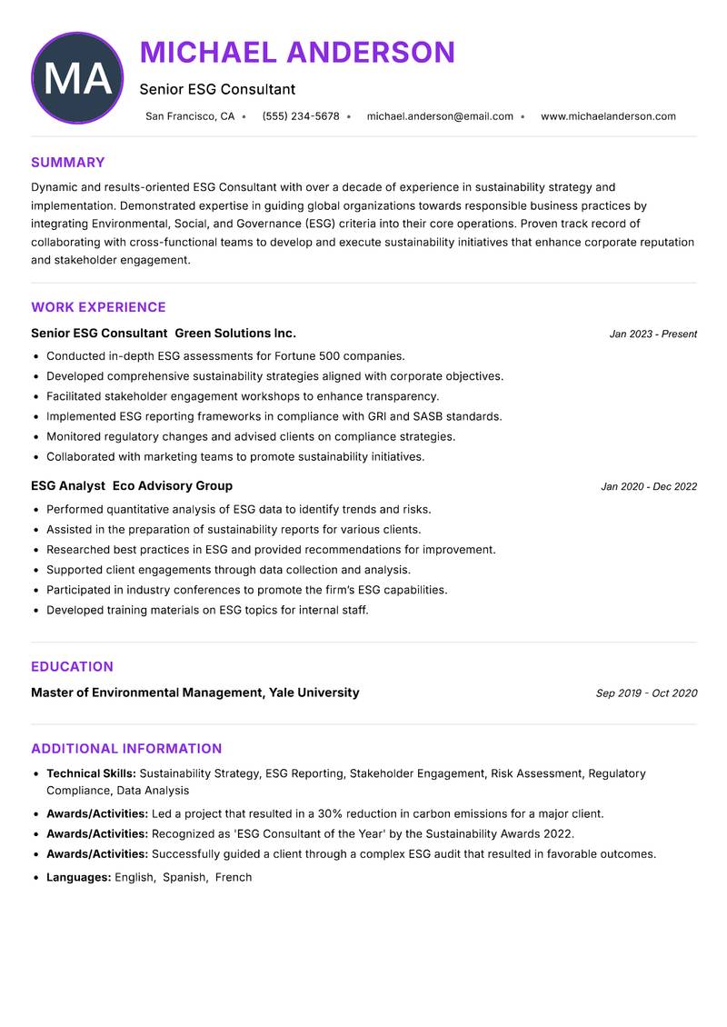 ESG Consultant Resume Preview Example