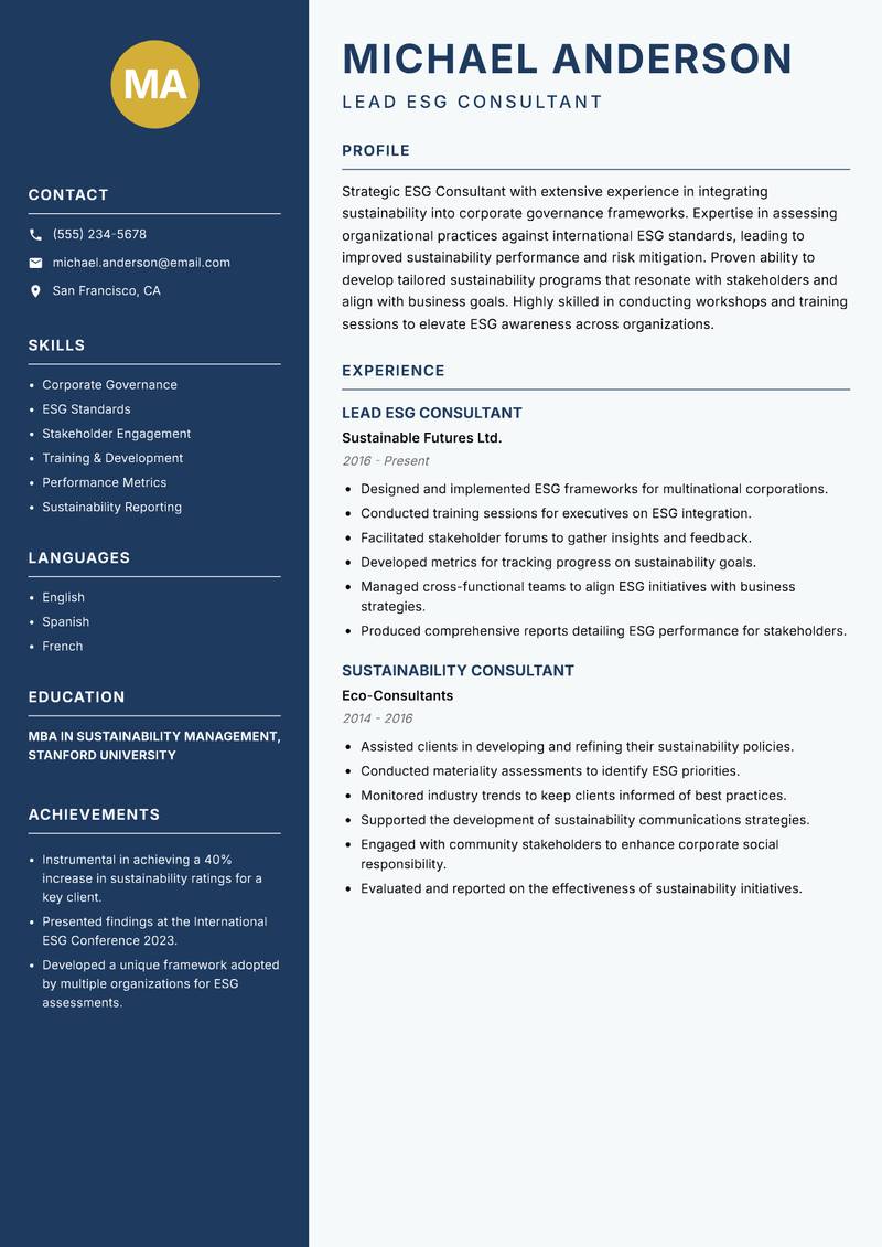 ESG Consultant Resume Preview Example