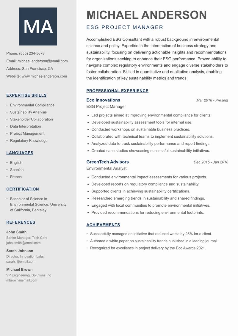 ESG Consultant Resume Preview Example
