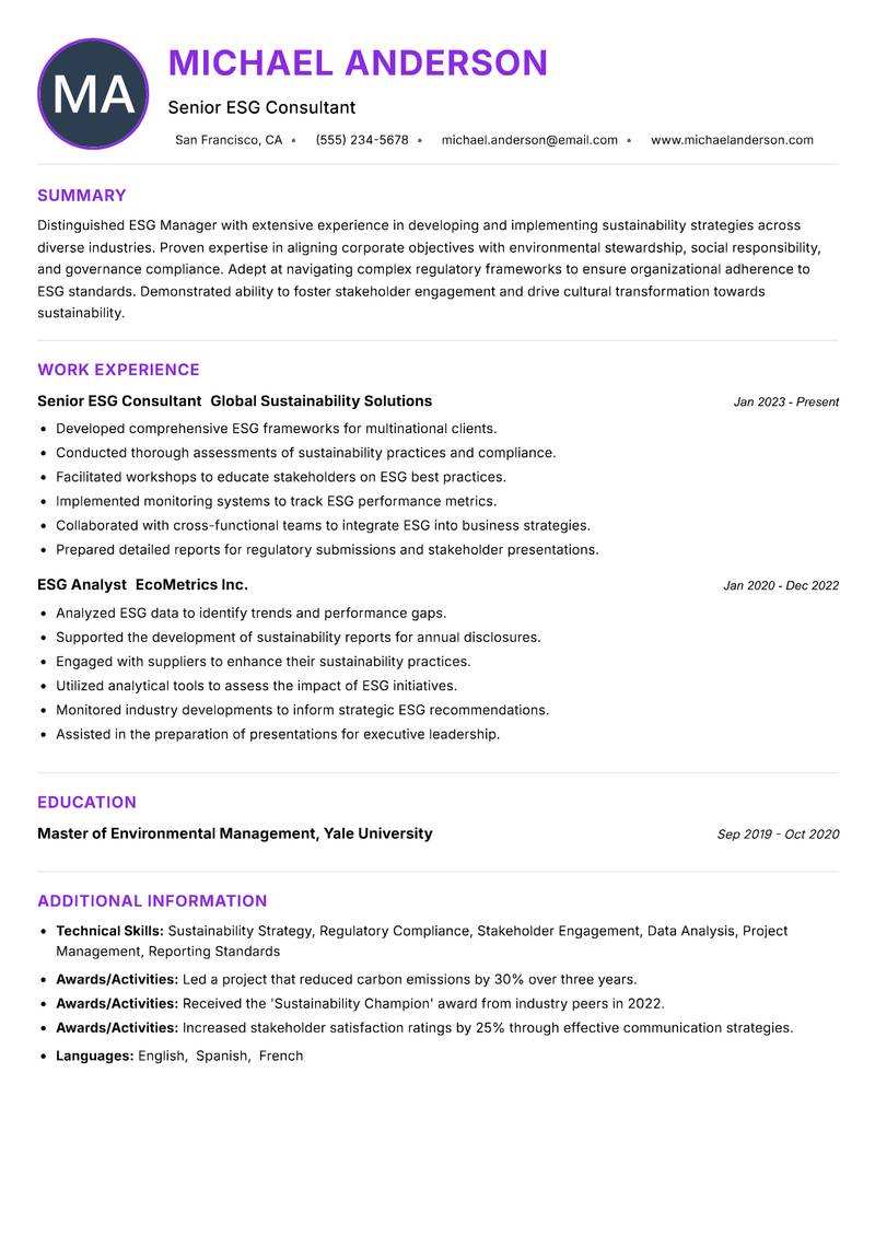 ESG Manager Resume Preview Example