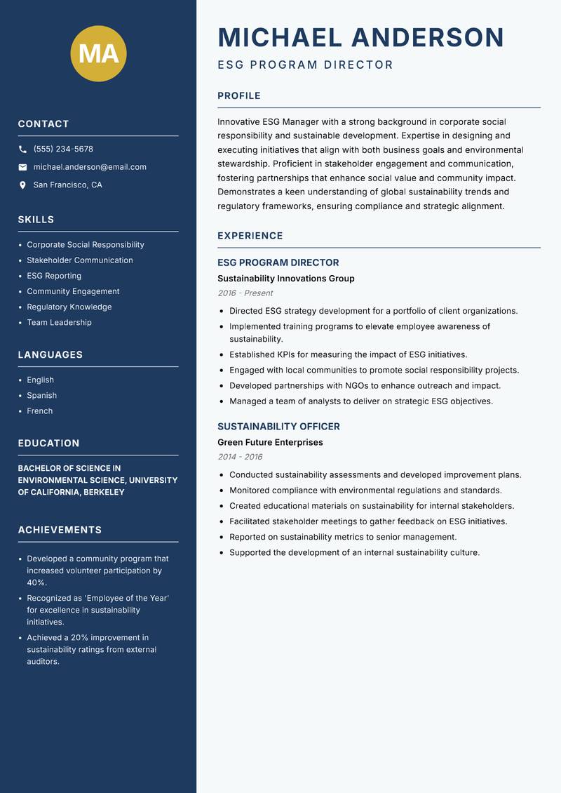 ESG Manager Resume Preview Example