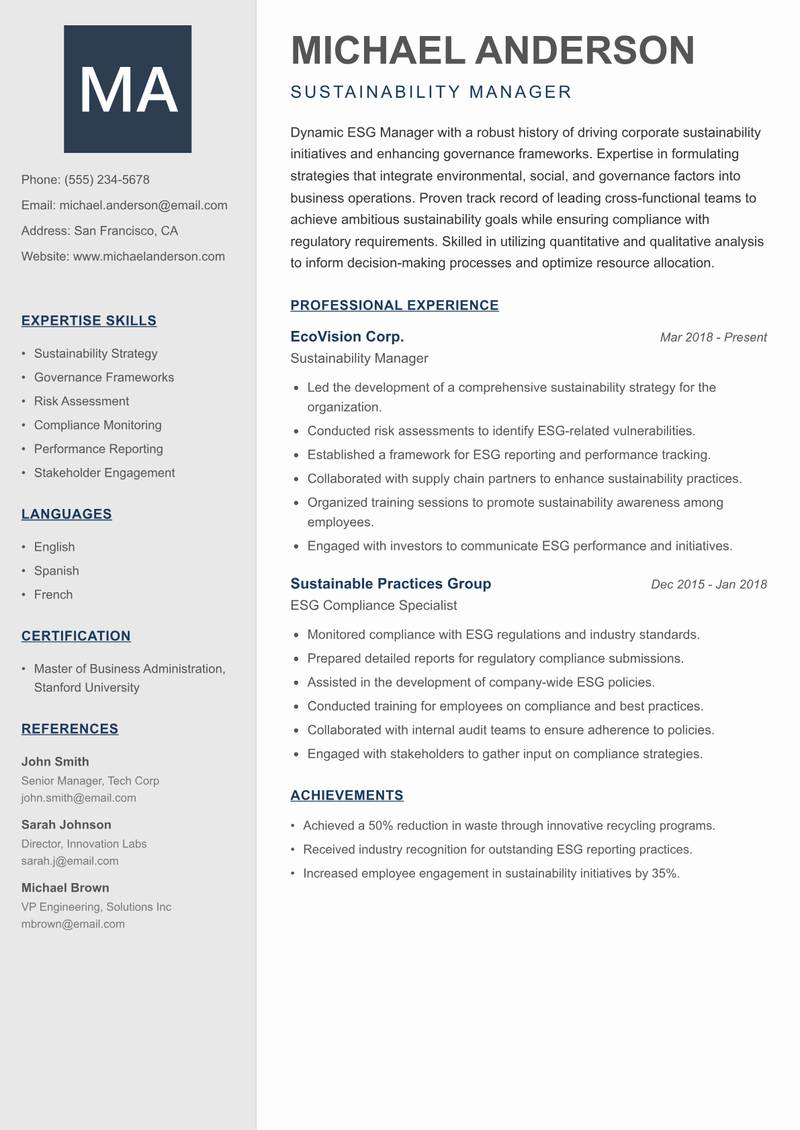 ESG Manager Resume Preview Example
