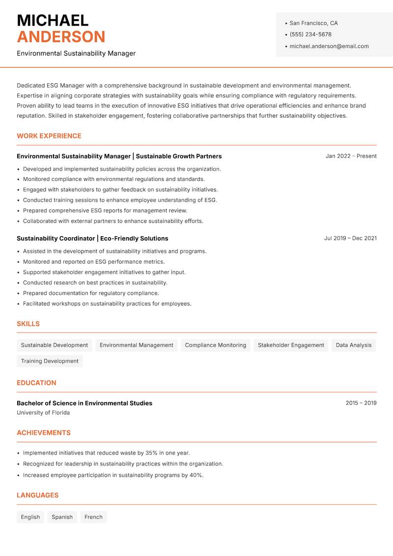 ESG Manager Resume Template