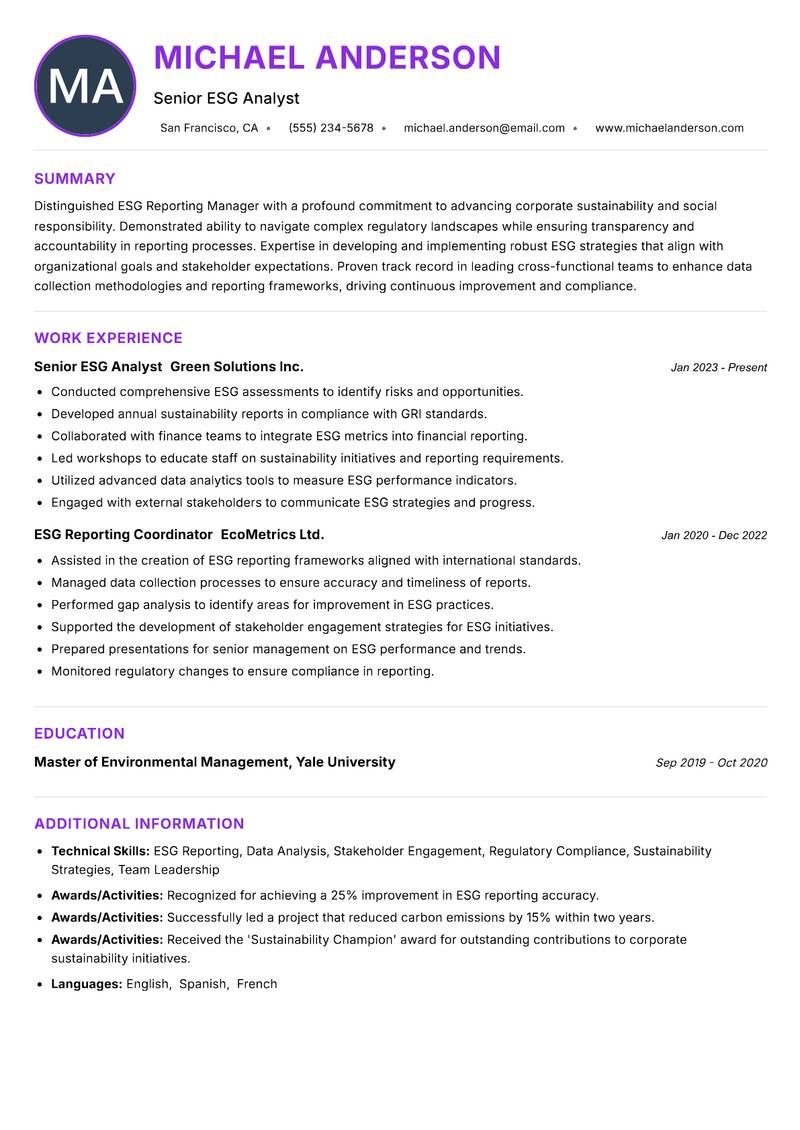 ESG Reporting Manager Resume Preview Example