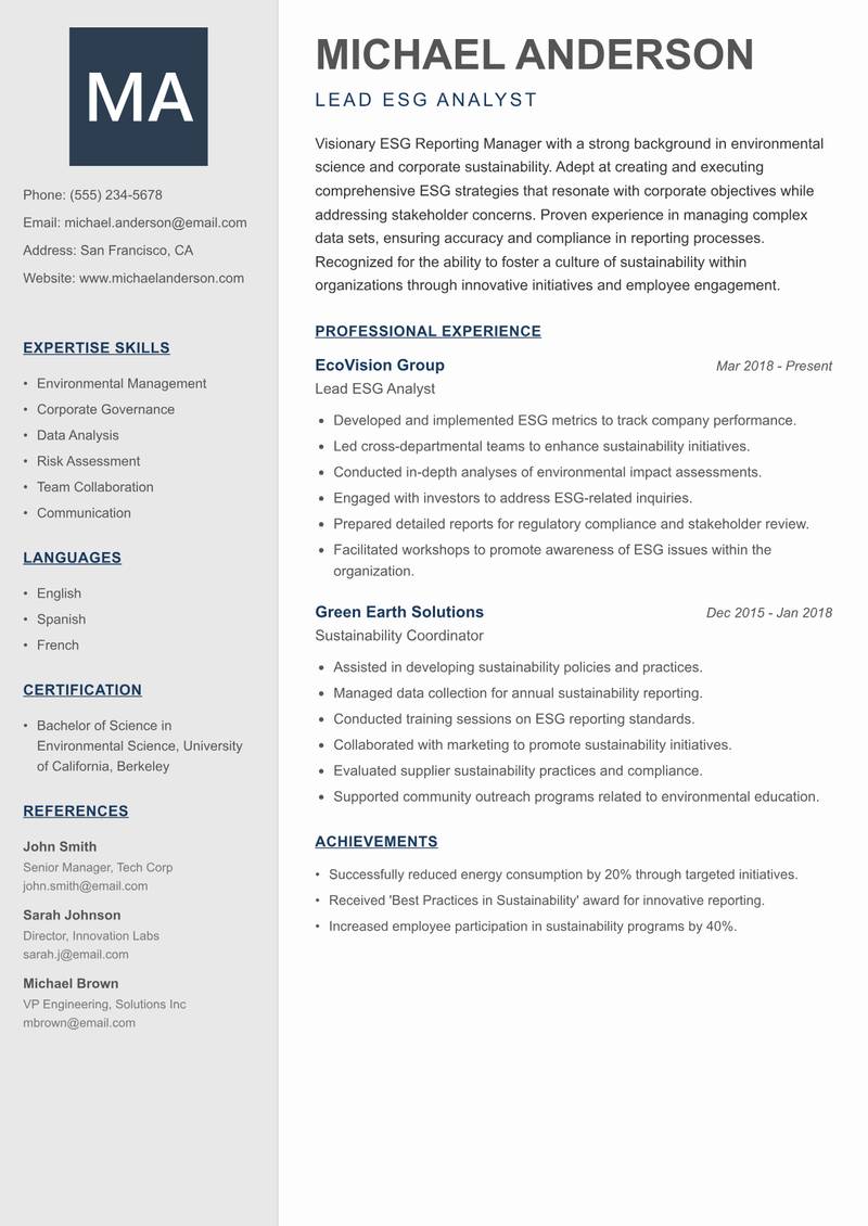 ESG Reporting Manager Resume Preview Example