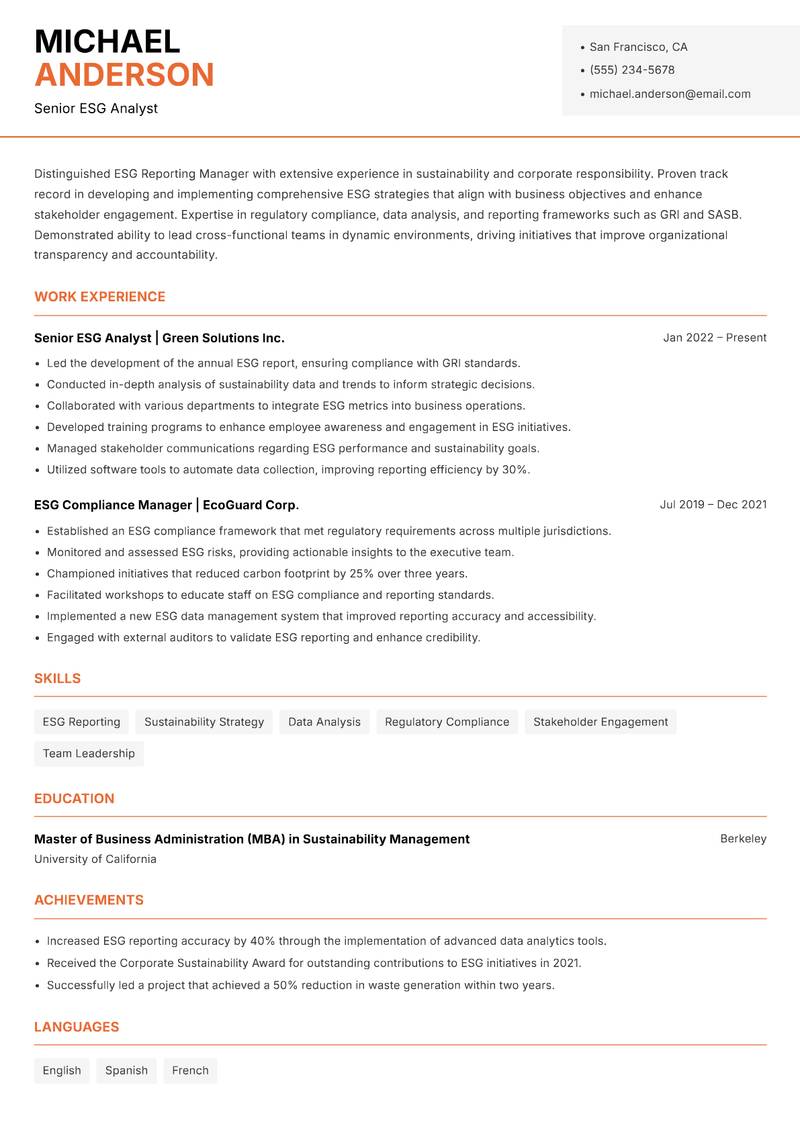 ESG Reporting Manager Resume Template