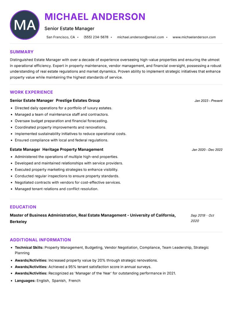 Estate Manager Resume Preview Example