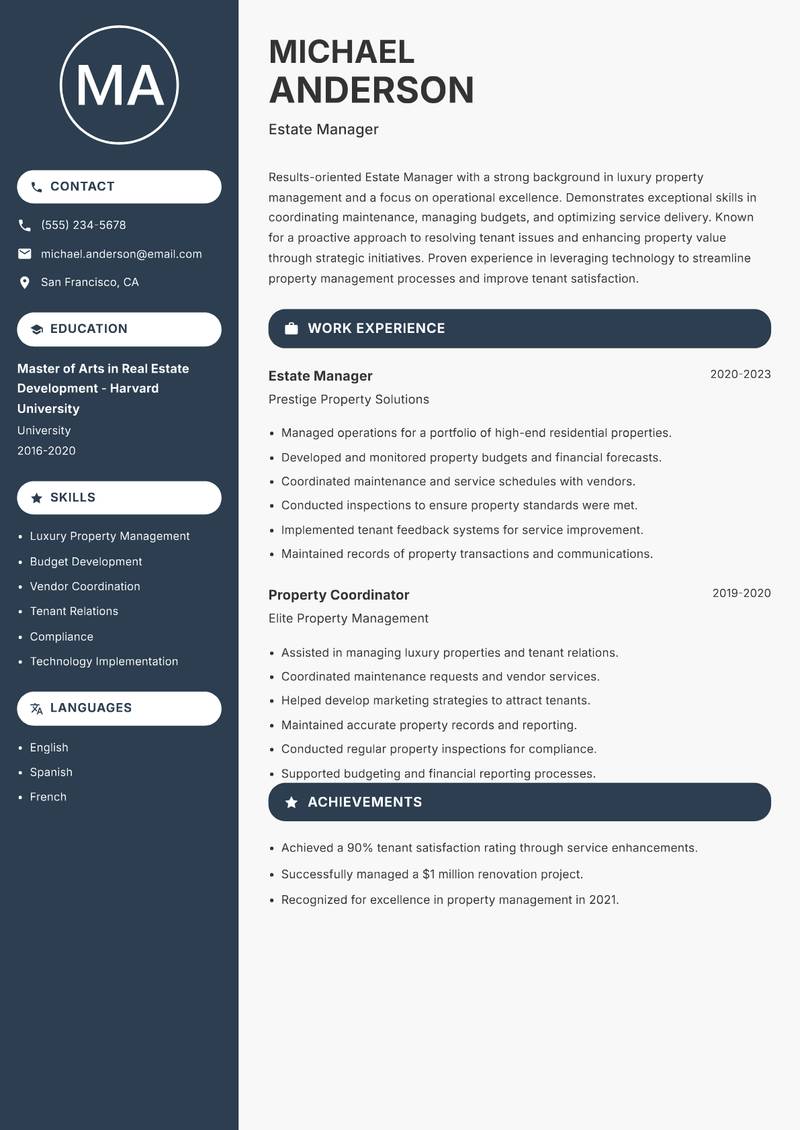 Estate Manager Resume Preview Example