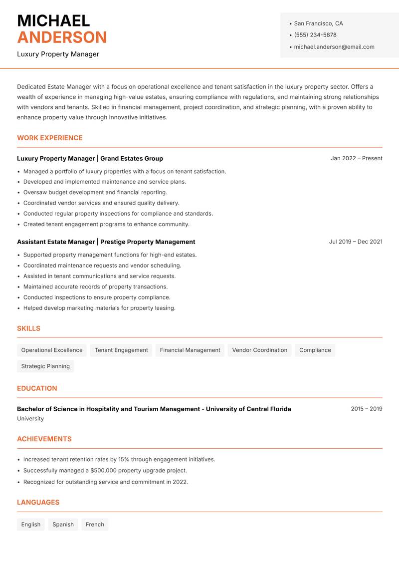 Estate Manager Resume Template