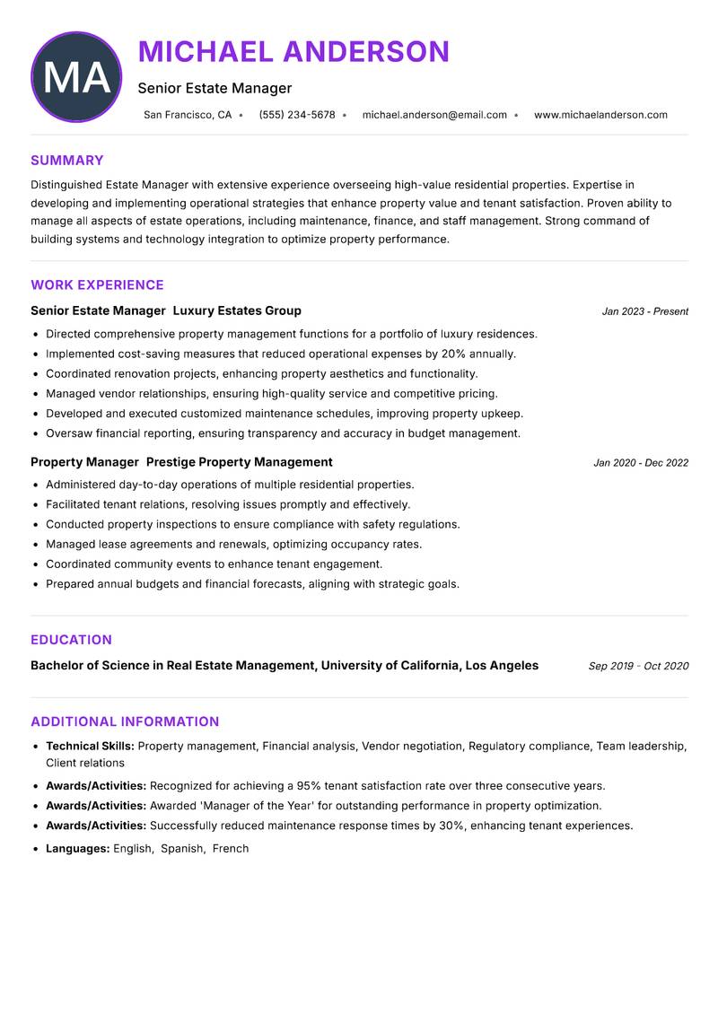 Estate Manager Residential Resume Preview Example