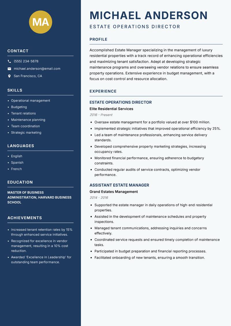 Estate Manager Residential Resume Preview Example