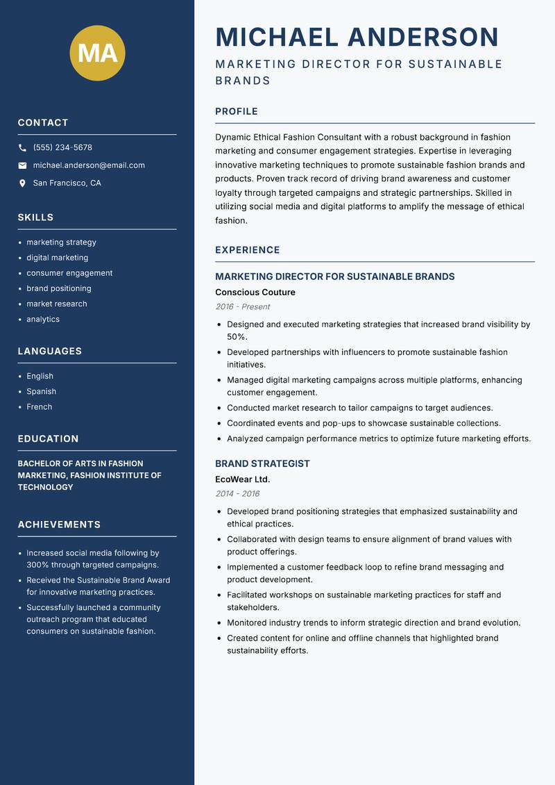Ethical Fashion Consultant Resume Preview Example