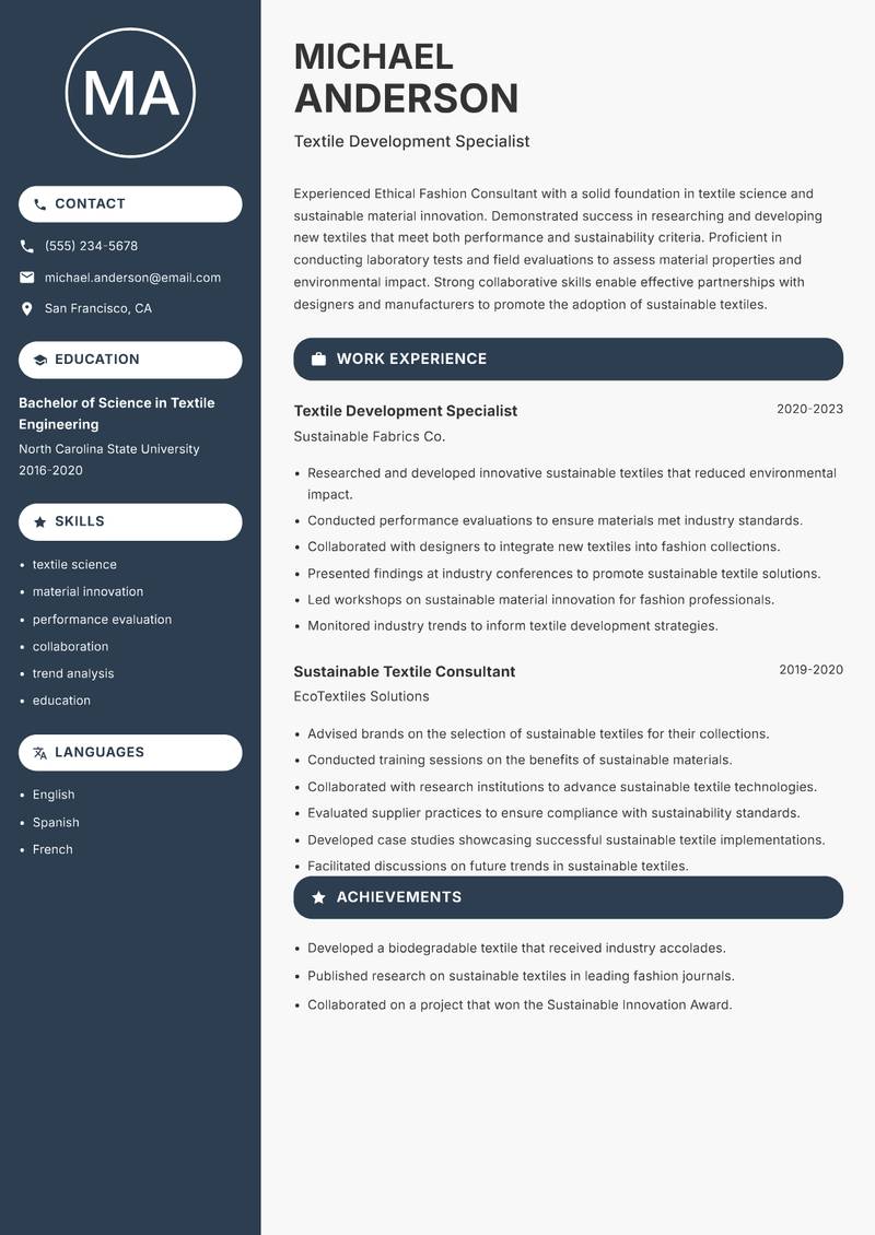Ethical Fashion Consultant Resume Preview Example