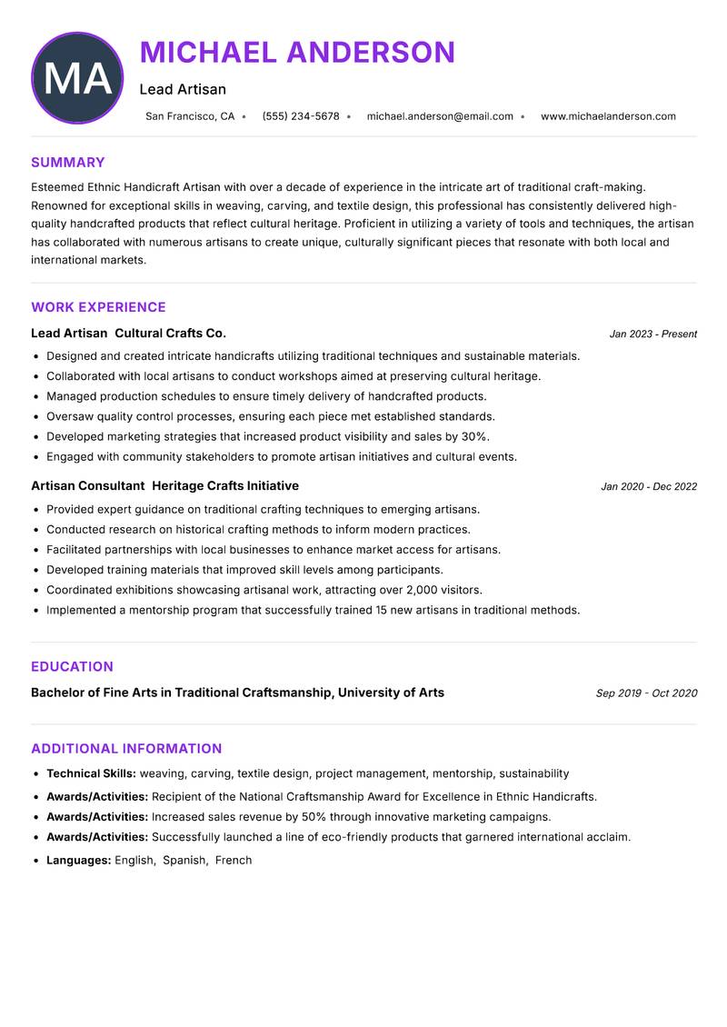 Ethnic Handicraft Artisan Resume Preview Example
