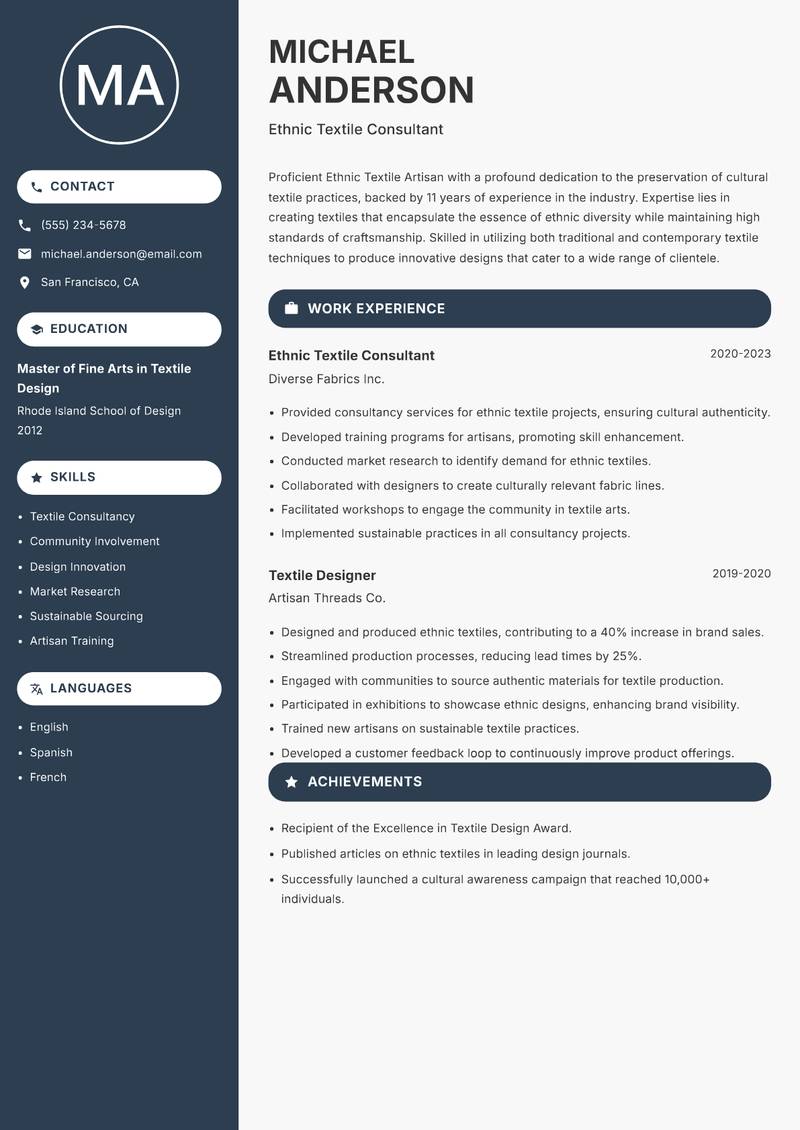 Ethnic Textile Artisan Resume Preview Example
