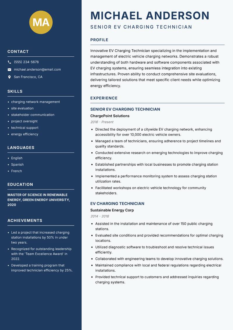 EV Charging Technician Resume Preview Example