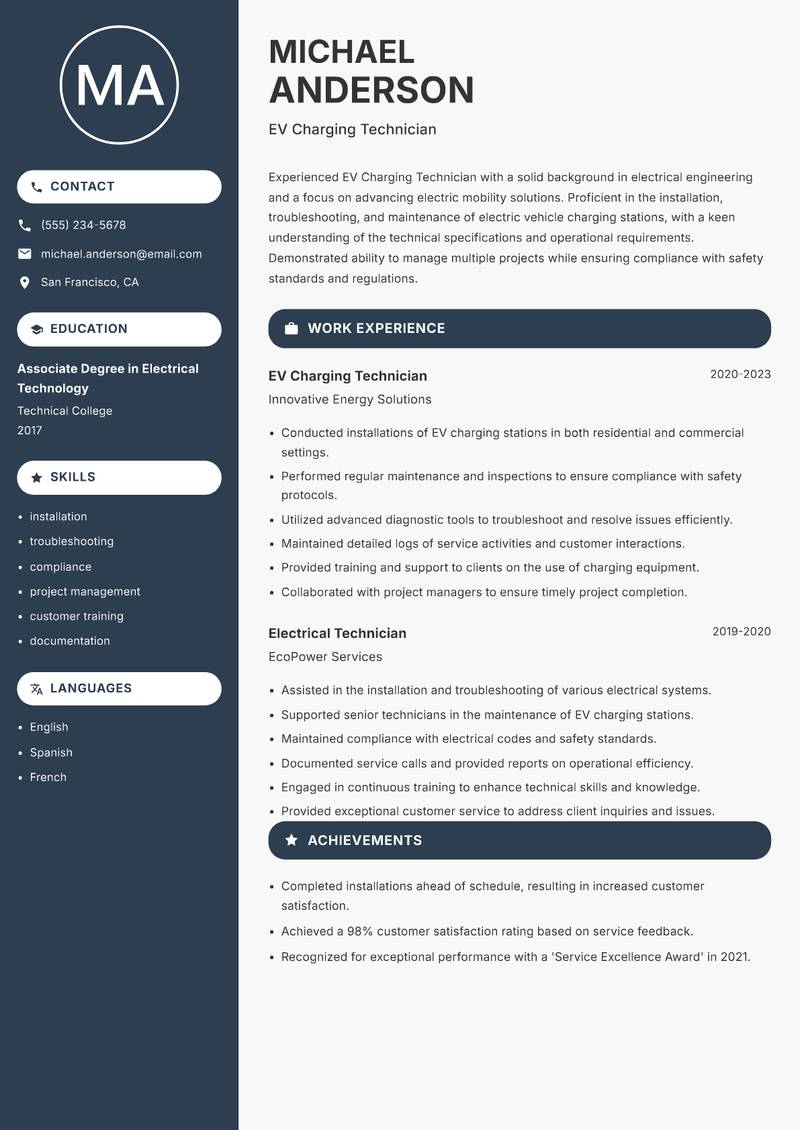 EV Charging Technician Resume Preview Example