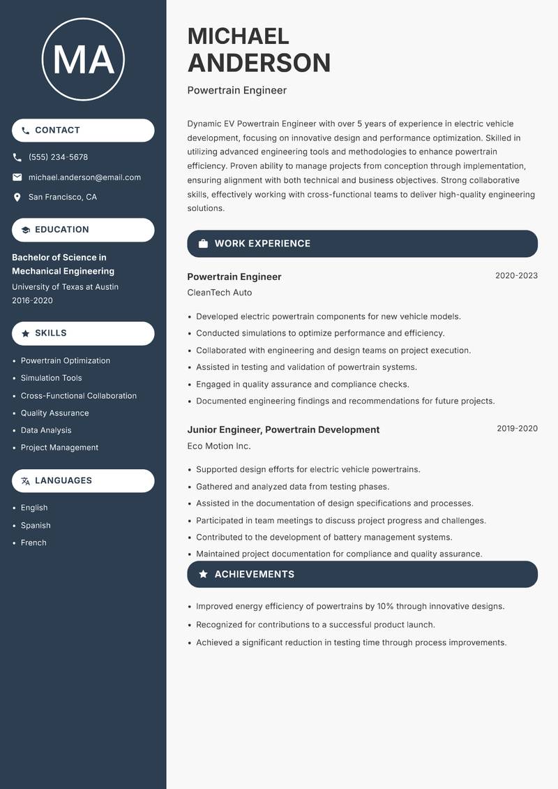 EV Powertrain Engineer Resume Preview Example