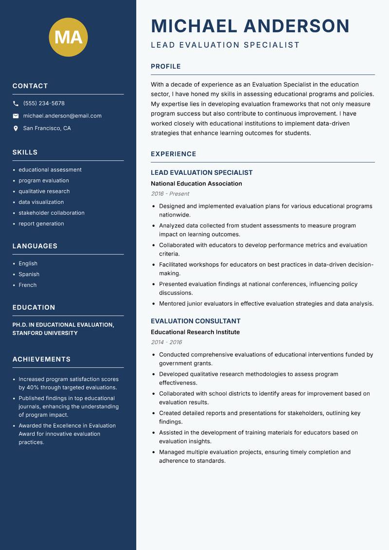 Evaluation Specialist Resume Preview Example