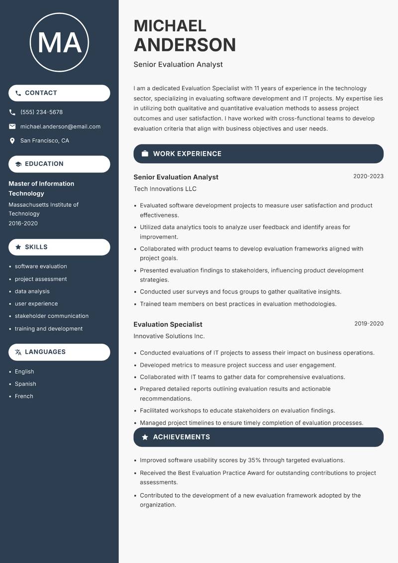 Evaluation Specialist Resume Preview Example