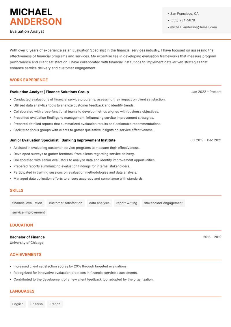Evaluation Specialist Resume Template