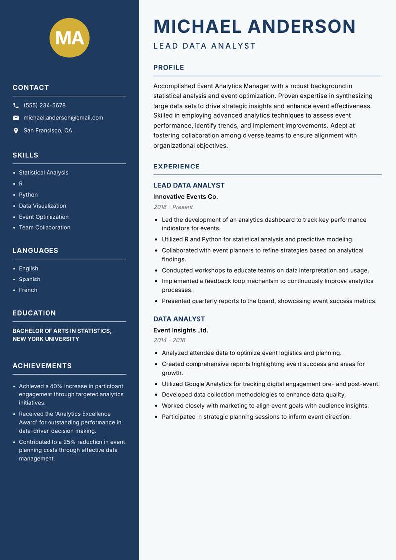 Event Analytics Manager Resume Preview Example