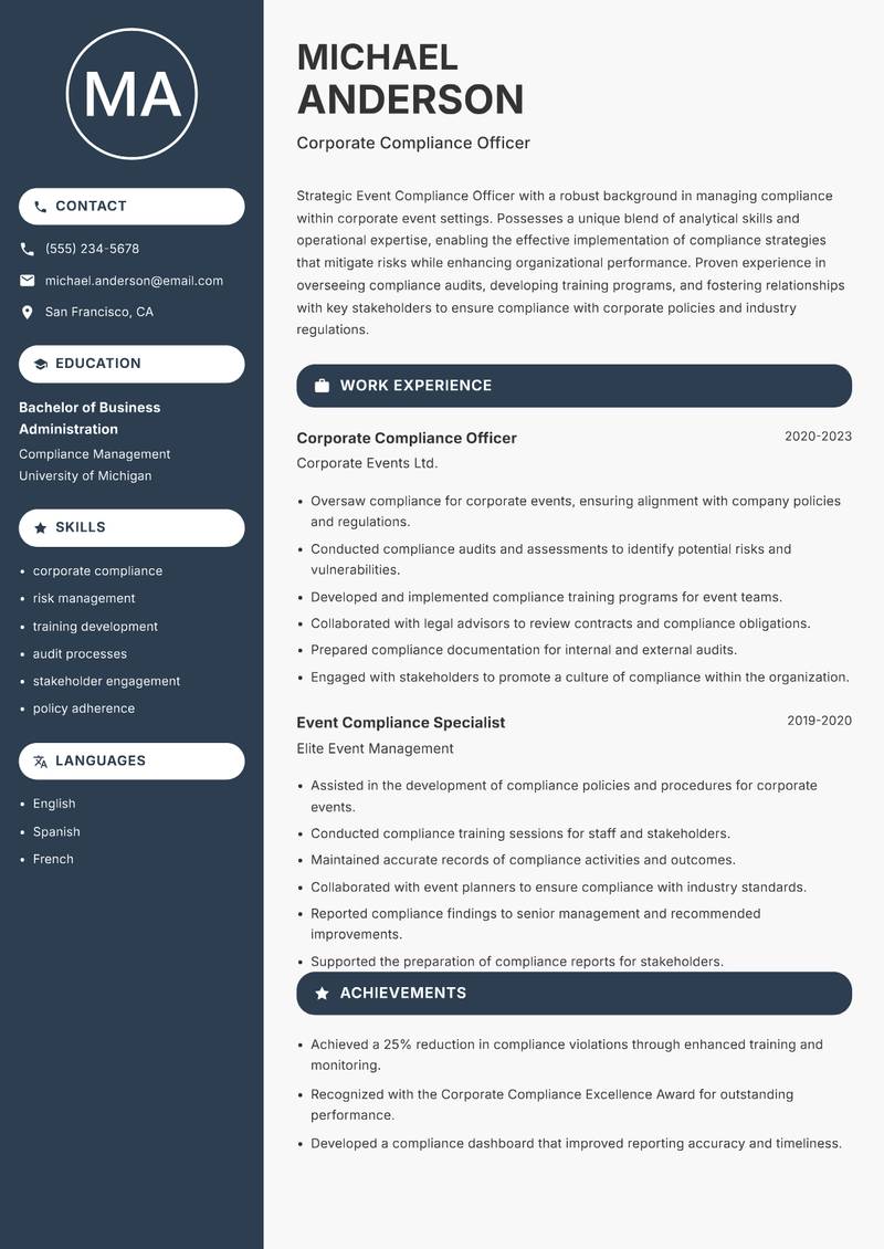Event Compliance Officer Resume Preview Example