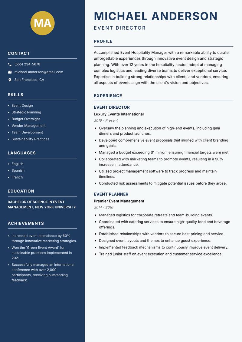 Event Hospitality Manager Resume Preview Example