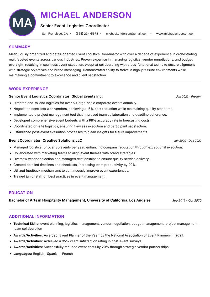 Event Logistics Coordinator Resume Preview Example
