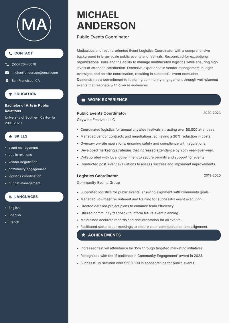 Event Logistics Coordinator Resume Preview Example