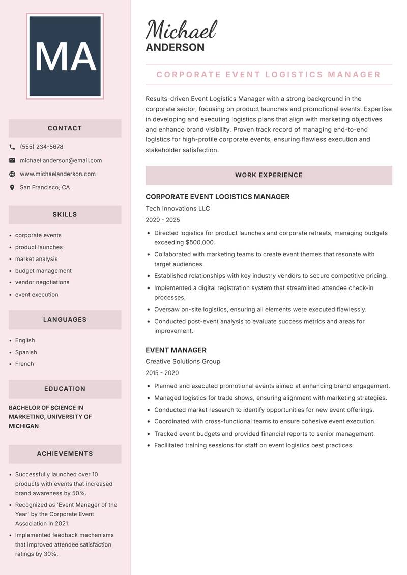 Event Logistics Manager Resume Preview Example